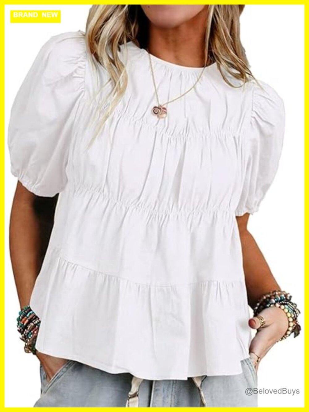 Flowy Babydoll Top Short Puff Sleeve Peplum Blouse Dressy Casual Boho Smocked